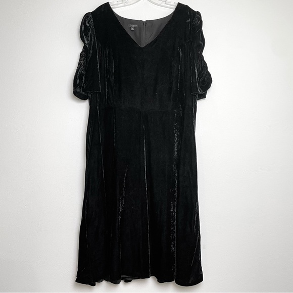 Talbots Dresses & Skirts - TALBOTS Black Velvet Ruched Sleeve Midi Fit & Flare Cocktail Dress LBD 16W